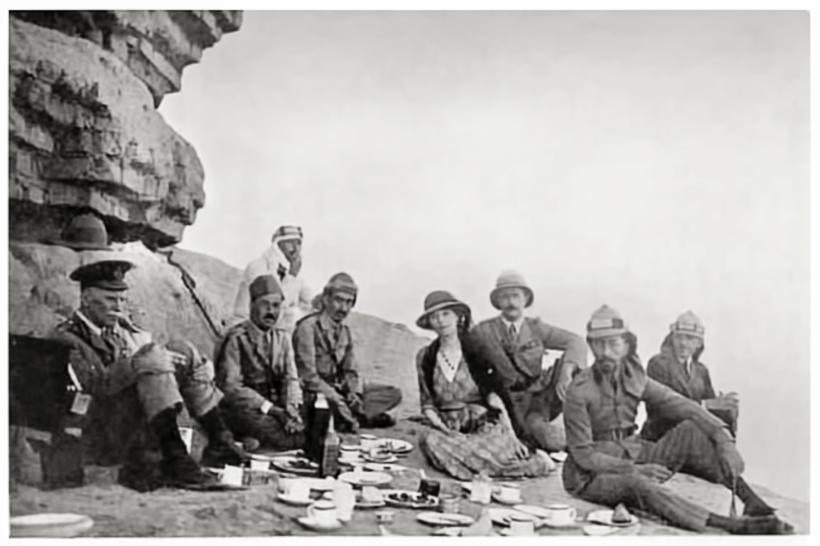 ?A Picnic with King Faisal? photograph of Gertrude Bell (1868-1926), Traveller, spy and archaeologist on a picnic in Saudi Arabia in 1922.